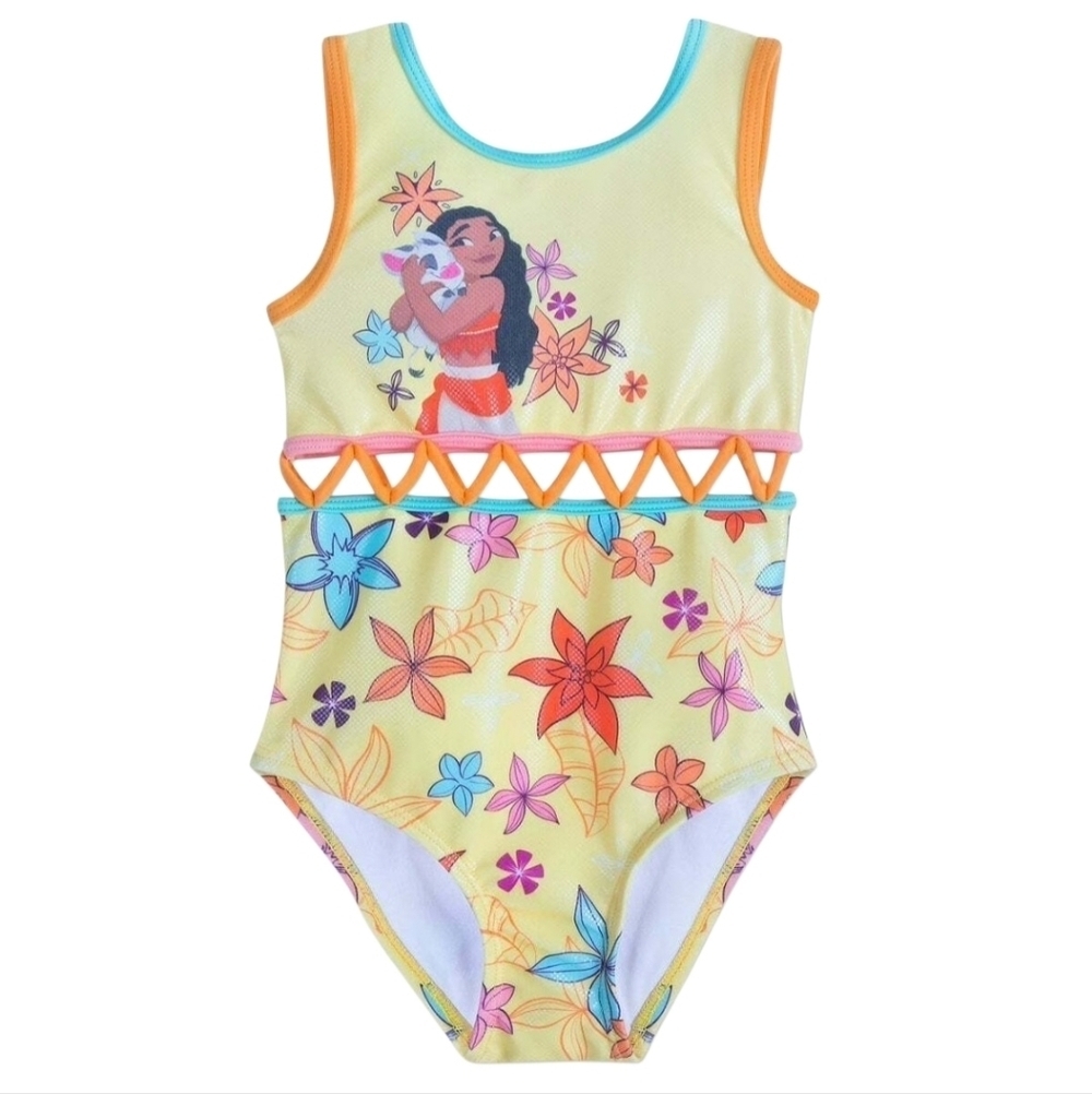 Disney Moana Swimsuit Girls 3T One Piece Yellow Floral Pua Graphic